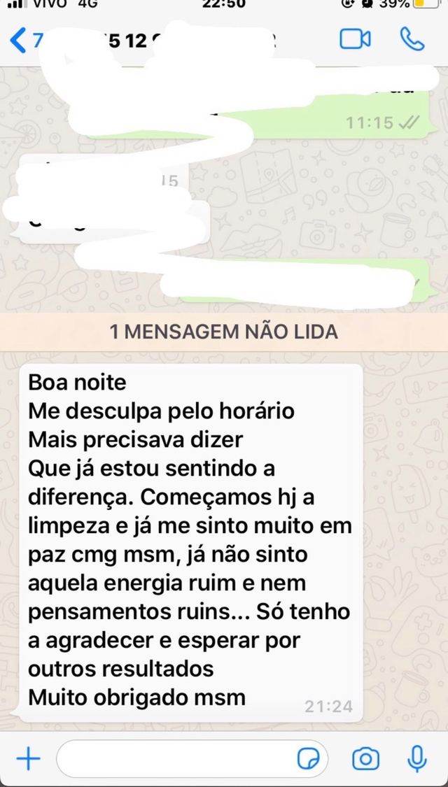 Print de WhatsApp: começamos hoje a limpeza e já me sinto muito em paz comigo mesma, já não sinto aquela energia ruim nem pensamentos ruins.