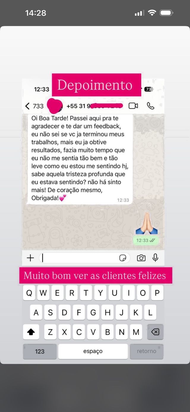 Print de WhatsApp: fazia muito tempo que eu não me sentia tão bem e tão leve. Aquela tristeza profunda que eu estava sentindo, não sinto mais.