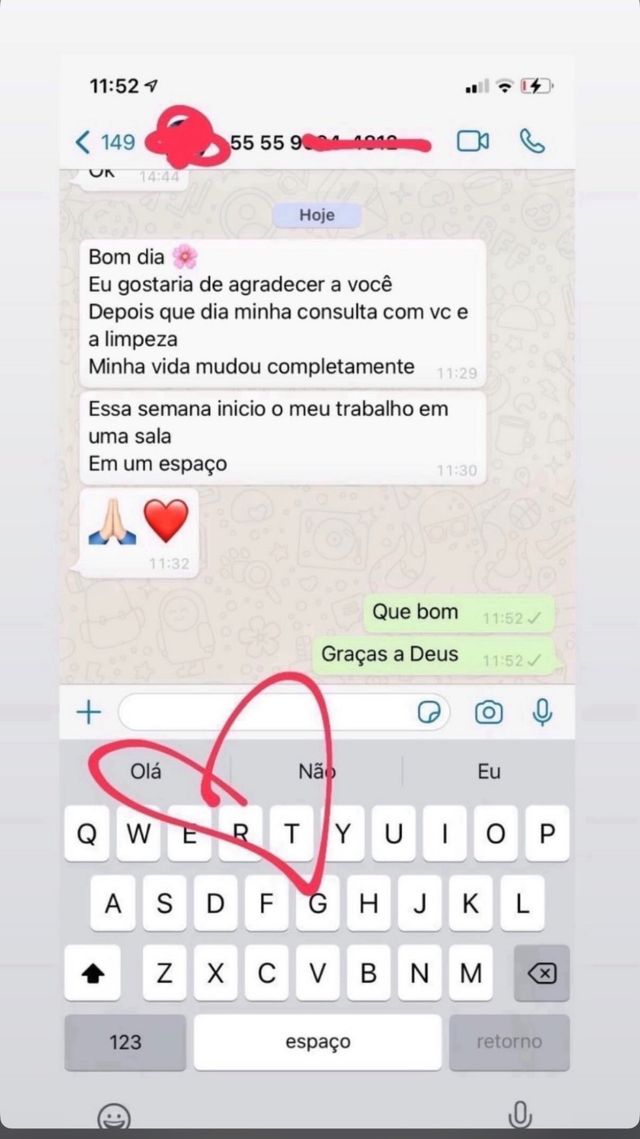 Print de WhatsApp: depois que fiz minha consulta com você e a limpeza, minha vida mudou completamente. Essa semana inicio meu trabalho em uma sala.